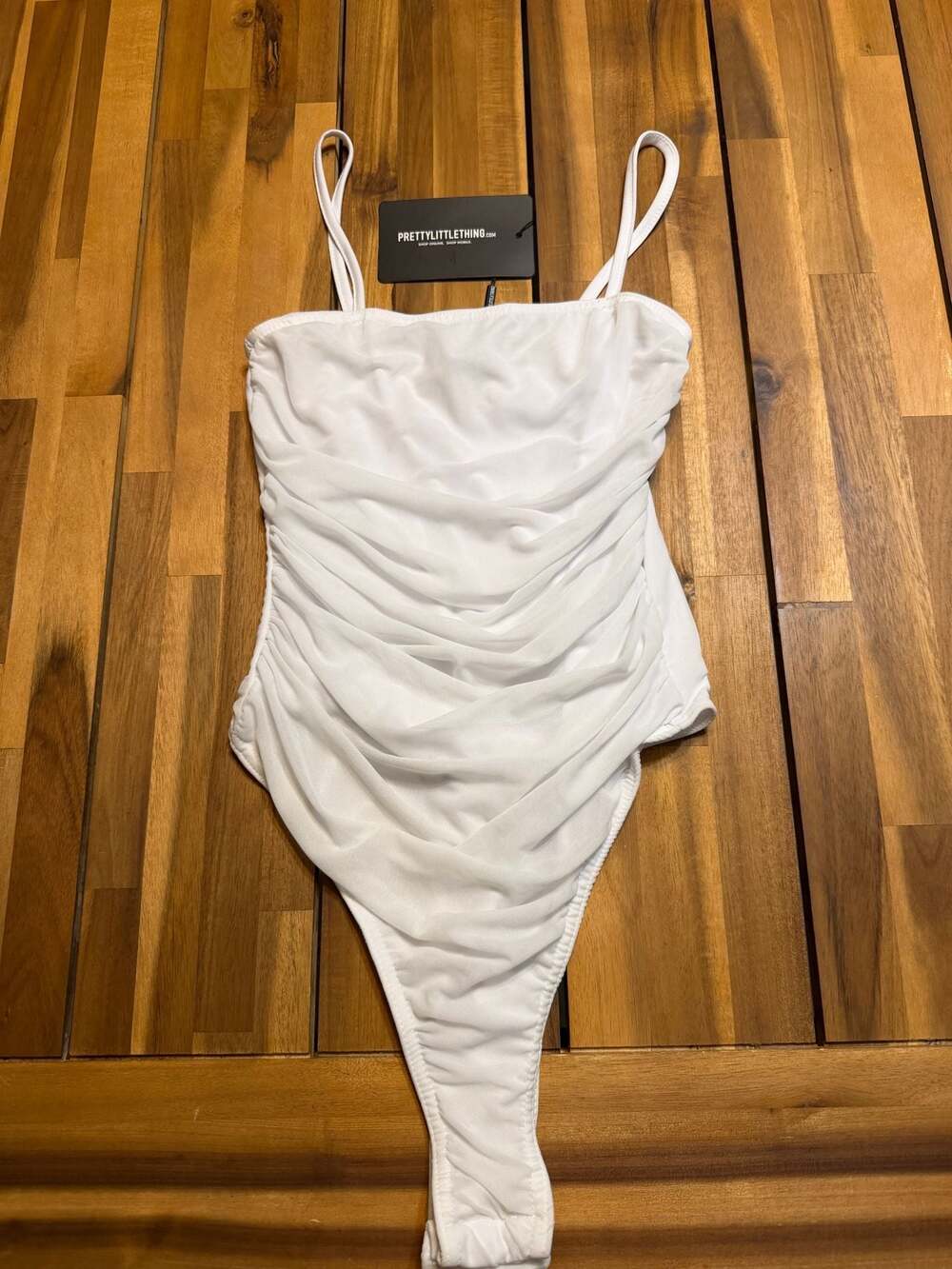 PrettyLittleThing White Mesh Ruched Detail Thong Bodysuit